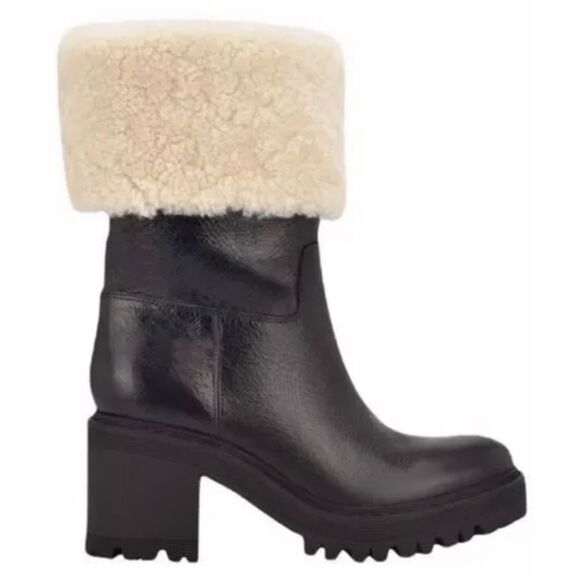 Marc Fisher Willoe Black Leather Genuine Shearling Trim Heeled Boots Sz 6 - Picture 1 of 13